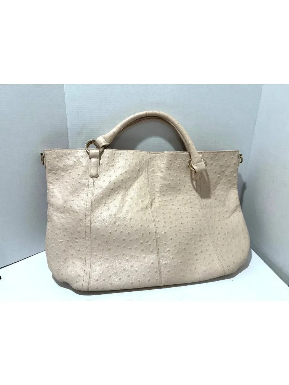 G.I.L.I. cream ostrich-embossed leather satchel gold-tone hardware dual handle